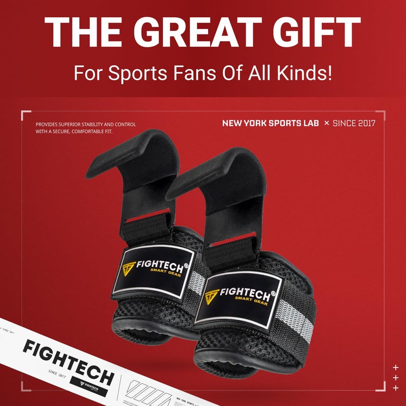 FIGHTECH خطافات رفع الأثقال الممتازة (زوج) - دعم قبضة اليد والأشرطة المعصمية الثقيلة - مبطنة بالنيوبرين بسمك 9 مم لرفع الأثقال، والسحب، والانكماش - ملحقات تمرين متينة للرجال والنساء باللون الأسود - Image 2