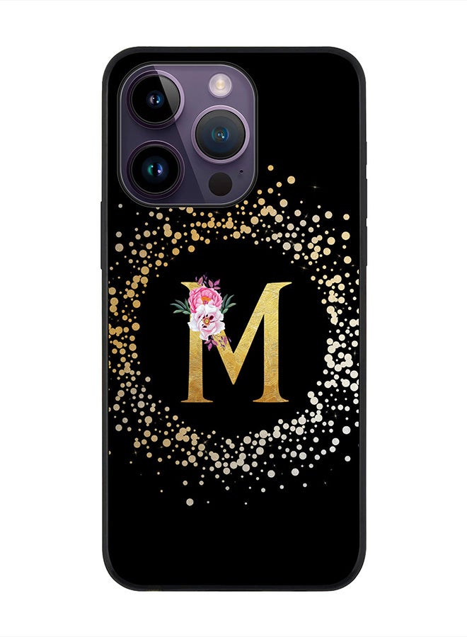 Stylizedd Rugged Black edge case for Apple iPhone 14 Pro, Slim fit Rubber Edges  -  Custom Monogram Initial Letter Floral Pattern Alphabet - M  (Black ) - Image 1