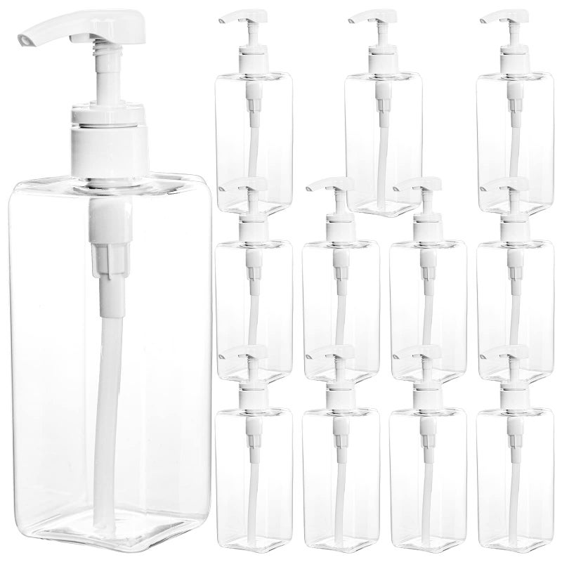Okllen 12 Pack 16 Oz Plastic Pump Bottles Empty Refillable Container Liquid Soap Dispenser for Shampoo Lotion Cleaning Products Kitchen Bathroom Clear Square