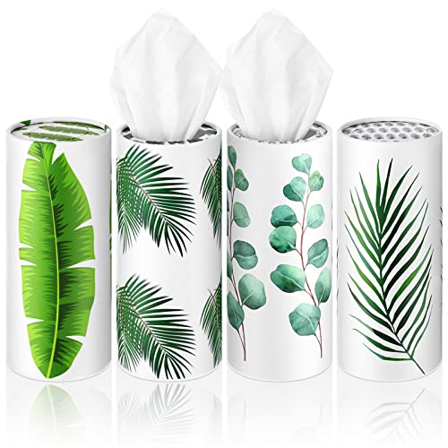 Yoande 4 Pack Car Tissues Round Tube Tissues Box with Facial Tissue Bulk Boho Green Leaf Car Travel Cylinder Holder for Cup Holder Wedding Gifts Home Bathroom Office - Image 1