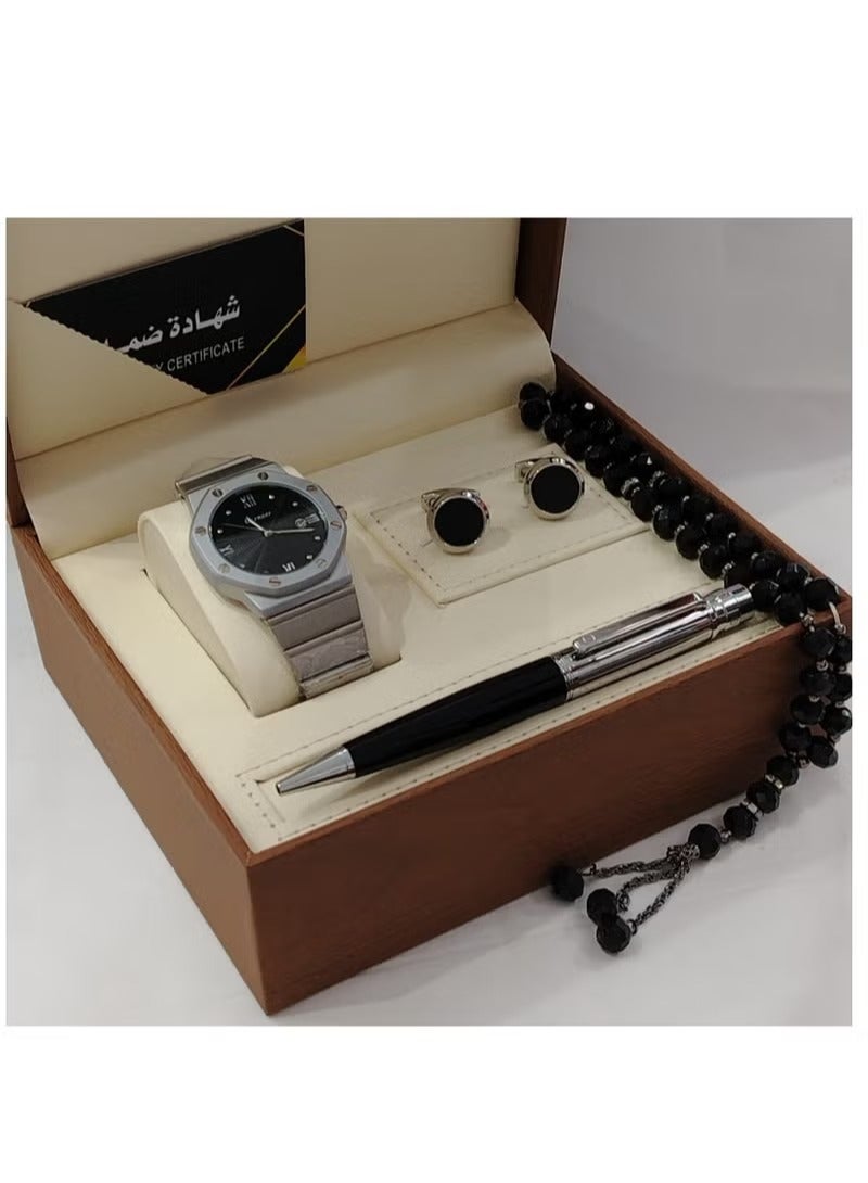 4-Piece Watch Gift Set for Men (Wristwatch with Pen, Set of Buttons and Rosary)