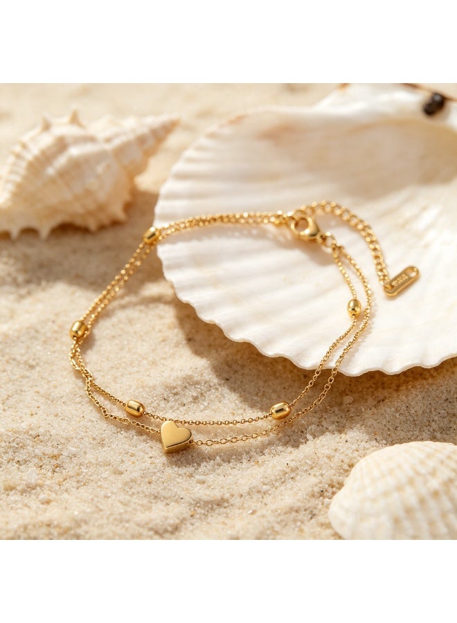 XIXI Minimalist Two-Layer Oval Bead Heart Pendant Ankle Bracelet for Women - Image 2
