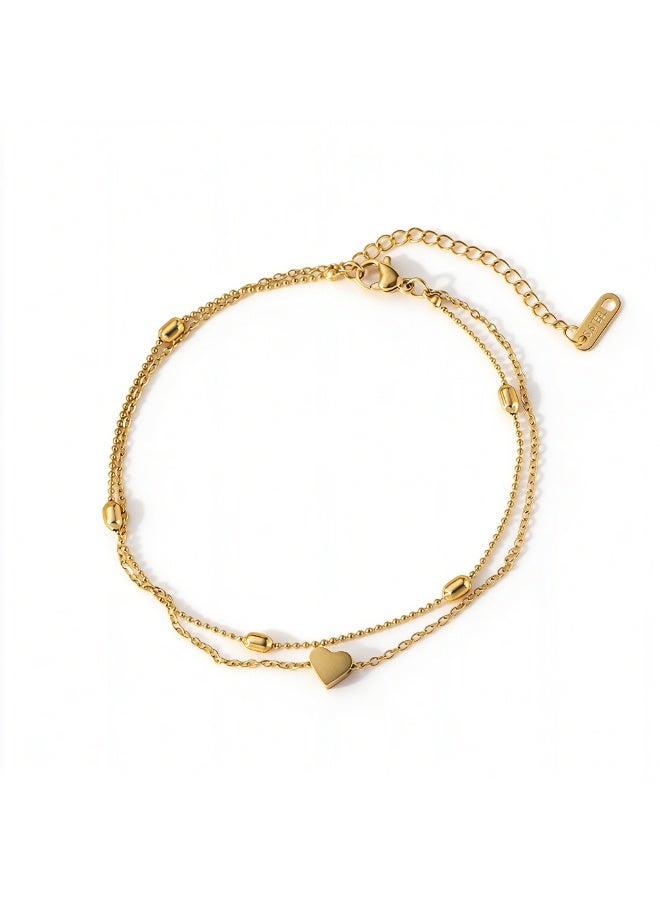 XIXI Minimalist Two-Layer Oval Bead Heart Pendant Ankle Bracelet for Women - Image 1