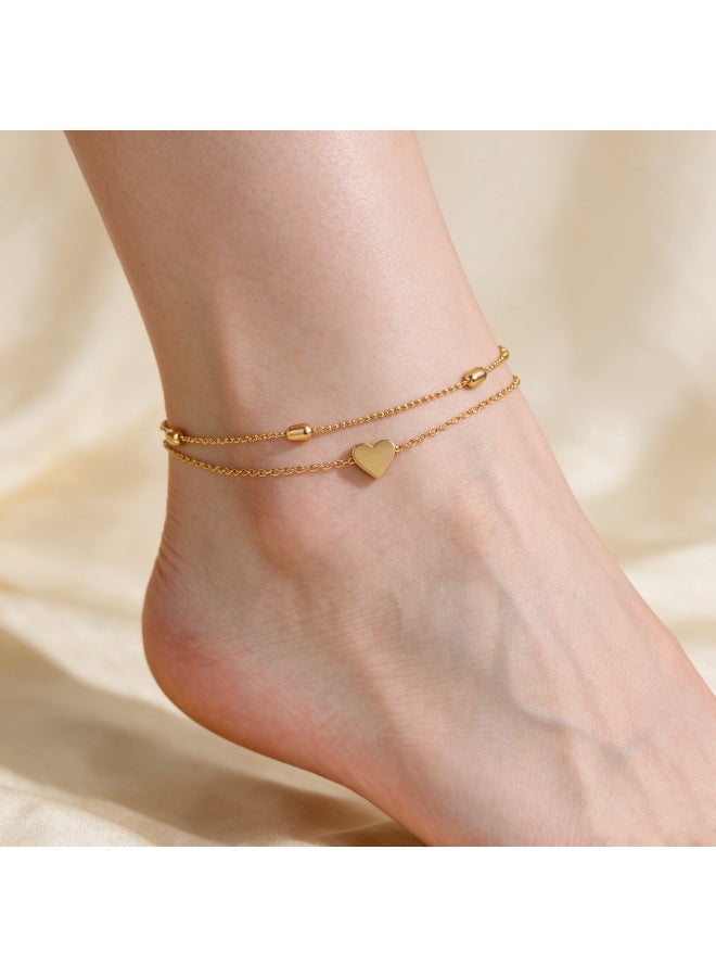 XIXI Minimalist Two-Layer Oval Bead Heart Pendant Ankle Bracelet for Women - Image 4