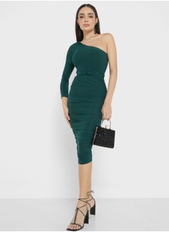 One Shoulder Ruched Tie Detail Dress