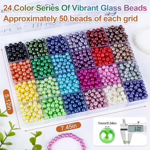 XSEINO About 1200+ PCS 6mm Imitation Pearl Style Glass Beads Bracelet Making Kit, 24 Assorted Colors Imitation Pearl Series Crystal Beads for Jewelry Making and DIY Crafts, Friendship Bracelets - Image 3