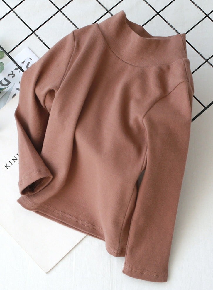 Loquat Kid's Solid Color Half High Collar Long Sleeve Tees Cotton Basic Base Shirt Brown 