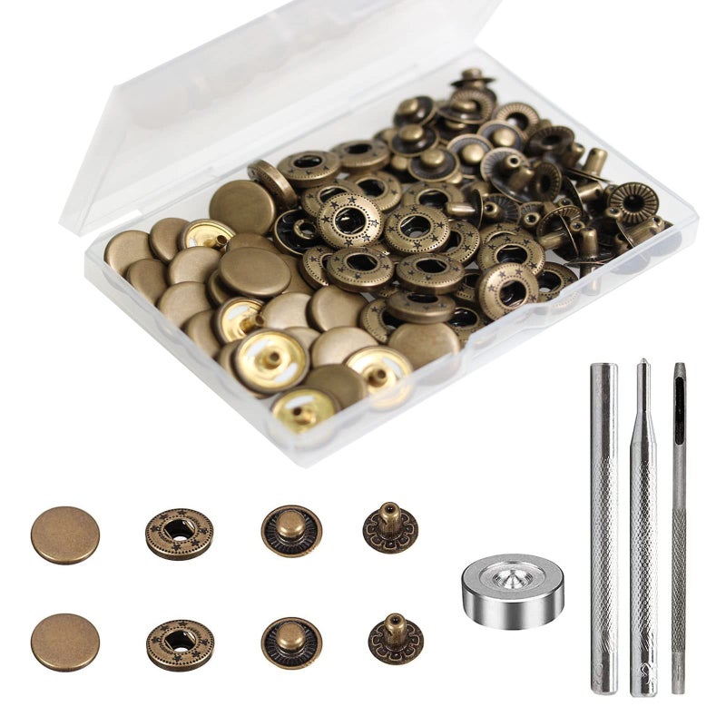 BetterJonny 24 Sets Heavy Duty Leather Snap Fasteners Kit, 15mm Metal Snap Buttons Press Studs Leather Rivets Snaps with 4 Setter Tools for Clothes Bracelet Jackets Jeans Antique Brass - Image 1