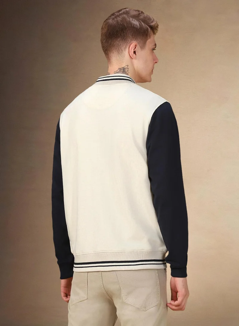 Dennis Lingo Men's Off White Polyester Blend Colour Blocked Regular Fit Sweatshirt