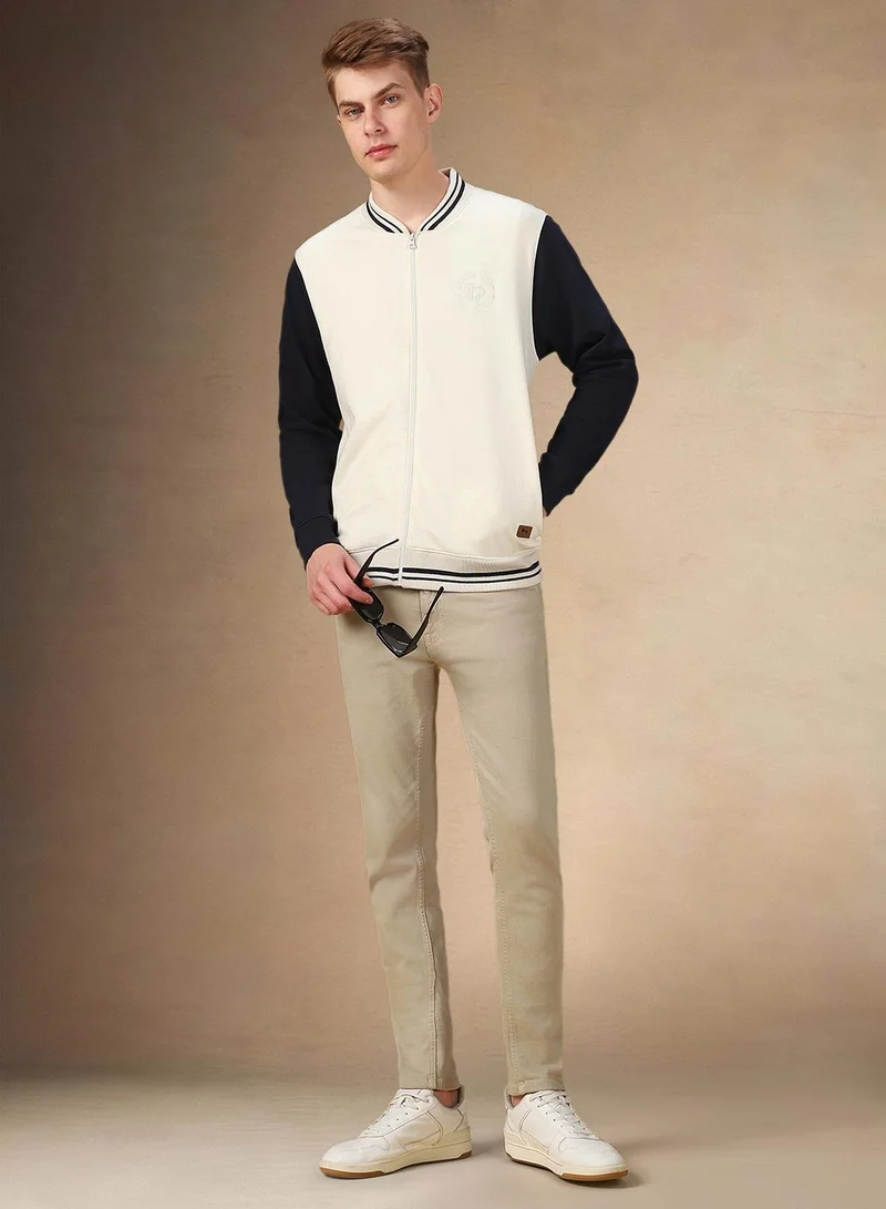 Dennis Lingo Men's Off White Polyester Blend Colour Blocked Regular Fit Sweatshirt