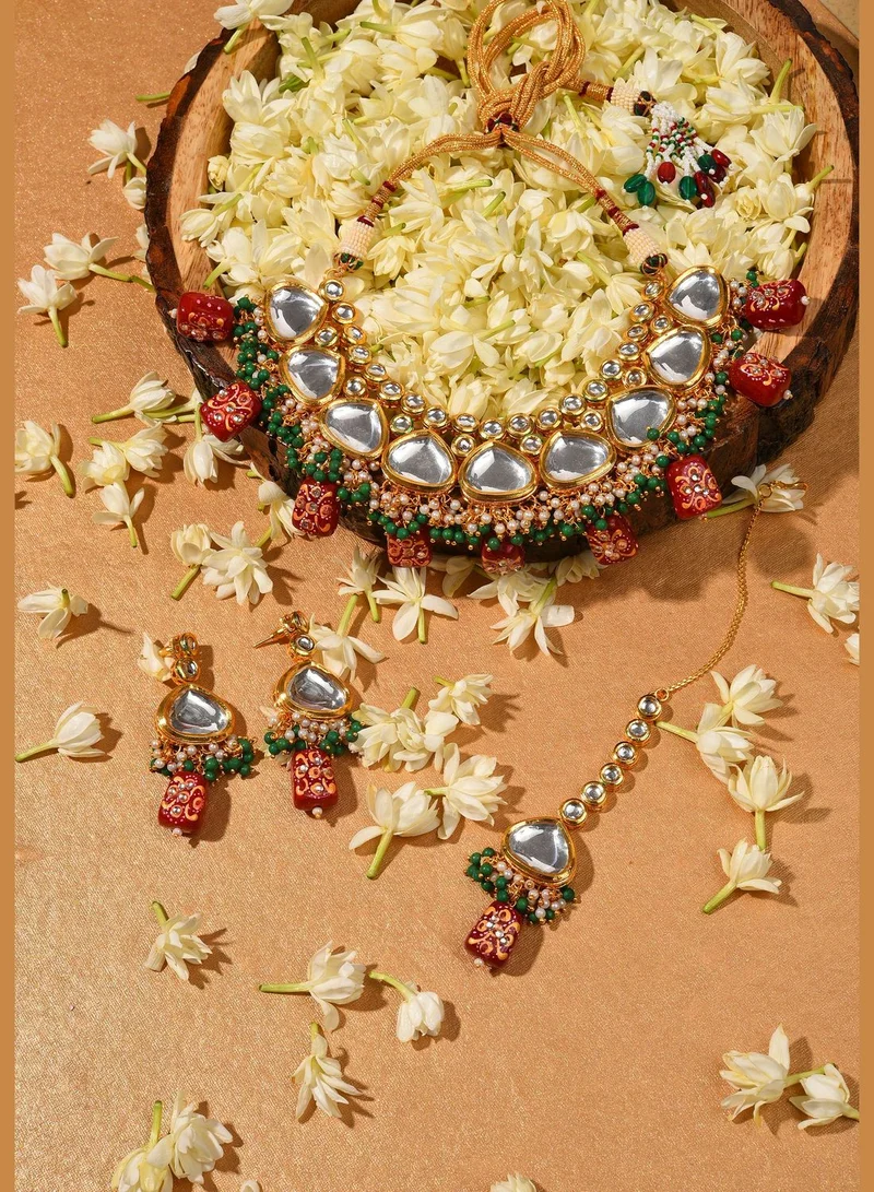 SOHI Gold Plated Kundan Beaded Necklace, Earrings and Maang Tikka Set