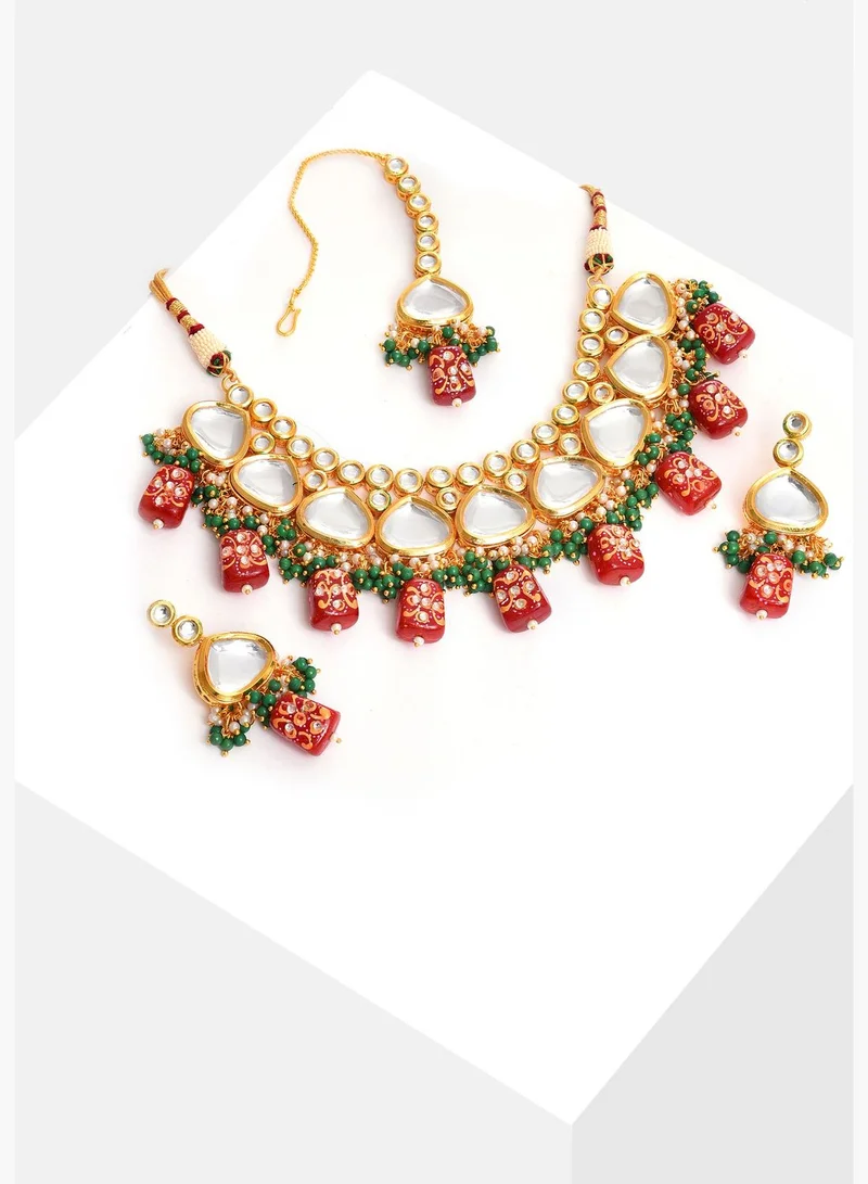 SOHI Gold Plated Kundan Beaded Necklace, Earrings and Maang Tikka Set