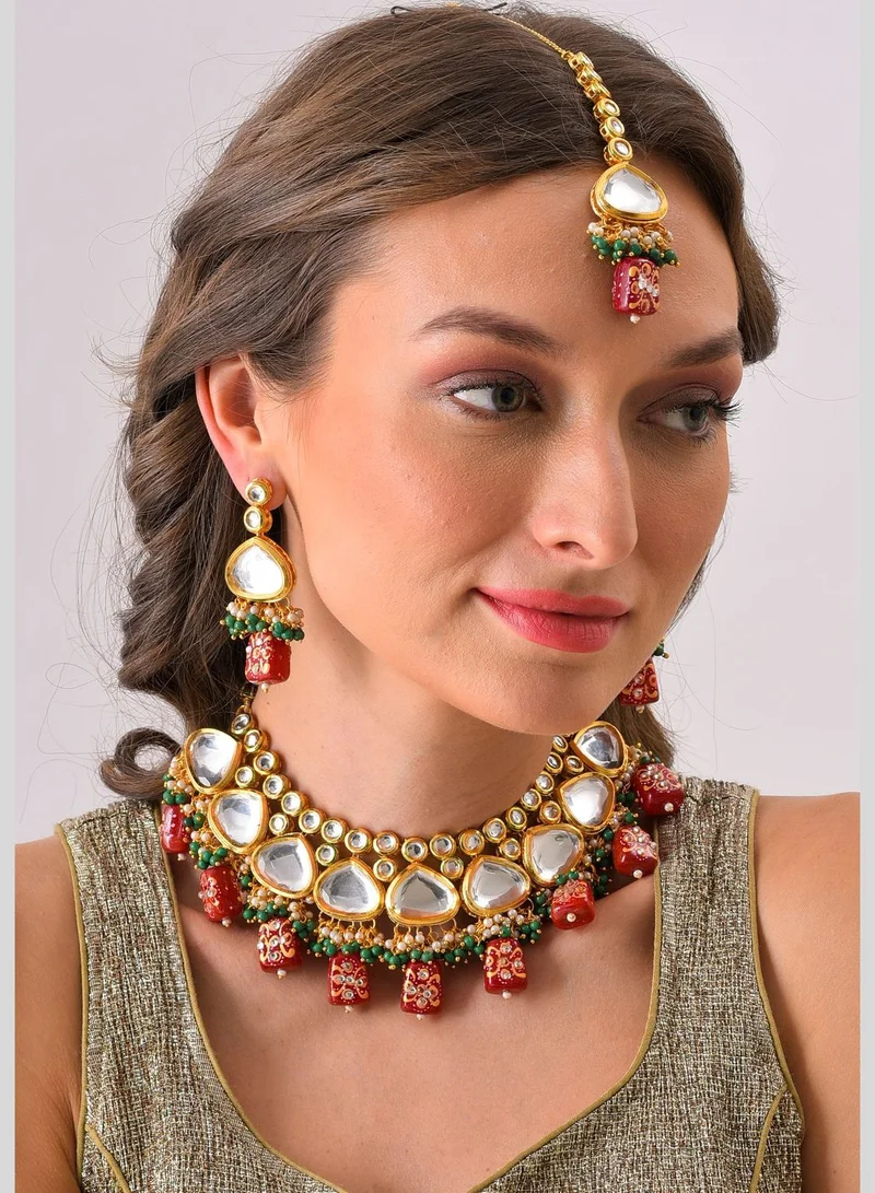 SOHI Gold Plated Kundan Beaded Necklace, Earrings and Maang Tikka Set