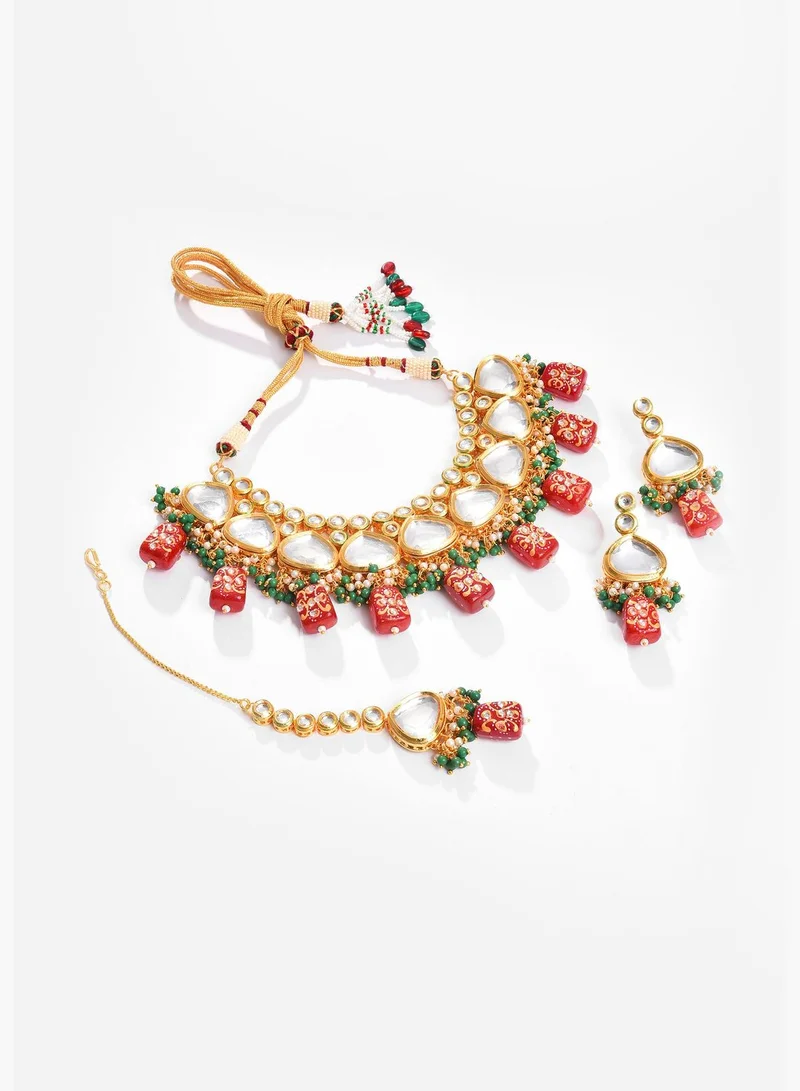 SOHI Gold Plated Kundan Beaded Necklace, Earrings and Maang Tikka Set