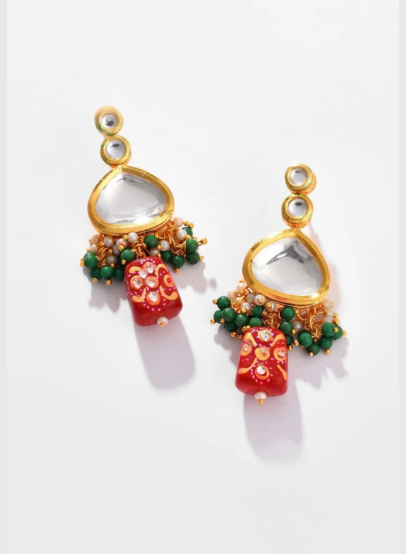 SOHI Gold Plated Kundan Beaded Necklace, Earrings and Maang Tikka Set