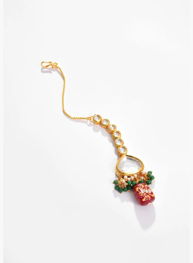 SOHI Gold Plated Kundan Beaded Necklace, Earrings and Maang Tikka Set