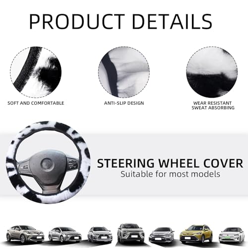 Gwwens Black and White Cow Print Fuzzy Steering Wheel Cover for Women, Universal Auto Steering Wheel 14-15 Inch Soft Warm Car Interior Accessories with 2PCS Car Coasters, Suitable for Men and Women - Image 4