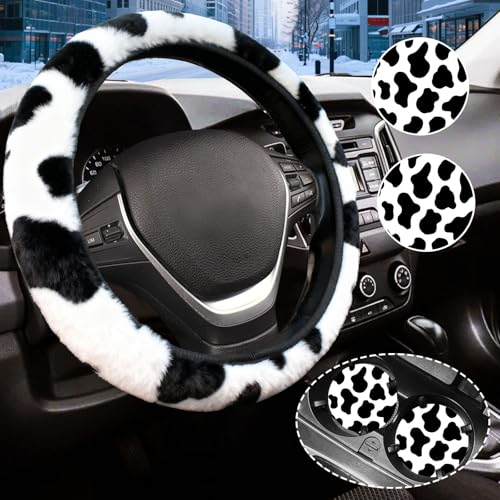 Gwwens Black and White Cow Print Fuzzy Steering Wheel Cover for Women, Universal Auto Steering Wheel 14-15 Inch Soft Warm Car Interior Accessories with 2PCS Car Coasters, Suitable for Men and Women - Image 1