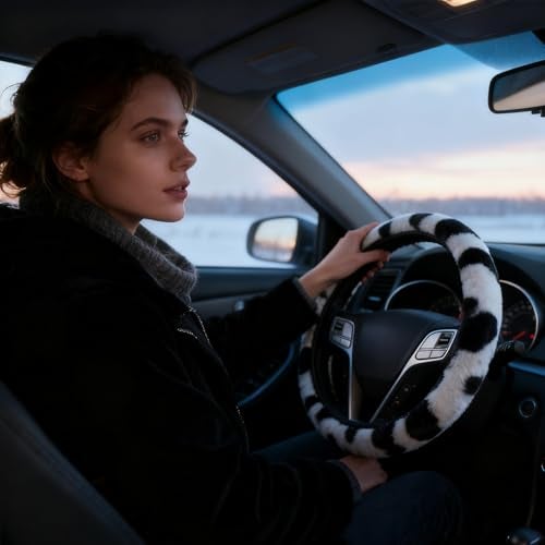 Gwwens Black and White Cow Print Fuzzy Steering Wheel Cover for Women, Universal Auto Steering Wheel 14-15 Inch Soft Warm Car Interior Accessories with 2PCS Car Coasters, Suitable for Men and Women - Image 5