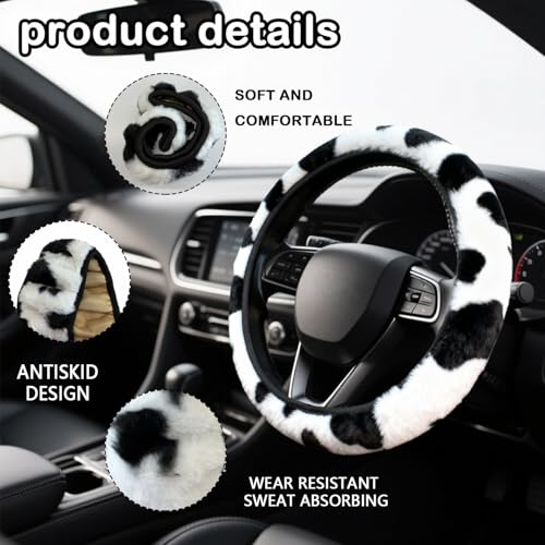 Gwwens Black and White Cow Print Fuzzy Steering Wheel Cover for Women, Universal Auto Steering Wheel 14-15 Inch Soft Warm Car Interior Accessories with 2PCS Car Coasters, Suitable for Men and Women - Image 3