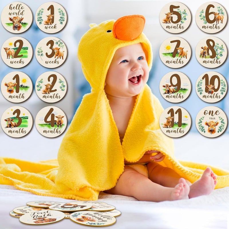 Al Raied ARS® 16 Pieces Wooden Baby Monthly Milestone Cards - Double Sided Milestone Marker Discs for Newborn Photo Props - Image 5