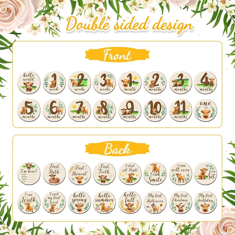 Al Raied ARS® 16 Pieces Wooden Baby Monthly Milestone Cards - Double Sided Milestone Marker Discs for Newborn Photo Props - Image 2
