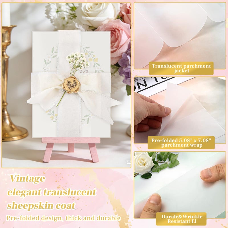 Dadoudou Wedding Invitation Accessories Kit, Pre-Folded Vellum Jackets for 5Ã—7 Invitations with Wax Seal Stickers, Ribbon & Dried Flowers, Elegant Wedding Invitation Accessories for DIY Bridal Invites (Off-White, 100) - Image 5