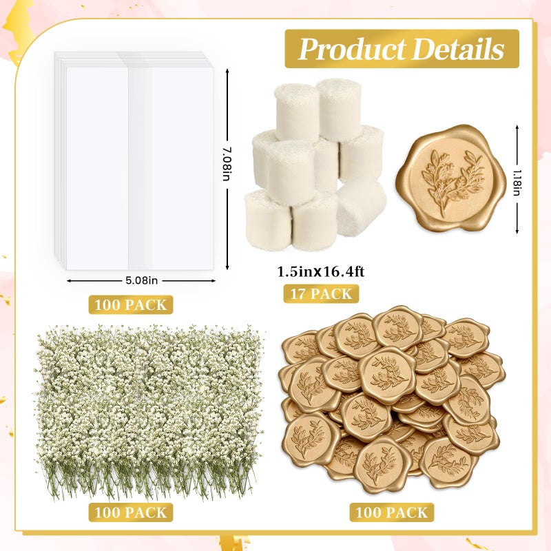 Dadoudou Wedding Invitation Accessories Kit, Pre-Folded Vellum Jackets for 5Ã—7 Invitations with Wax Seal Stickers, Ribbon & Dried Flowers, Elegant Wedding Invitation Accessories for DIY Bridal Invites (Off-White, 100) - Image 2