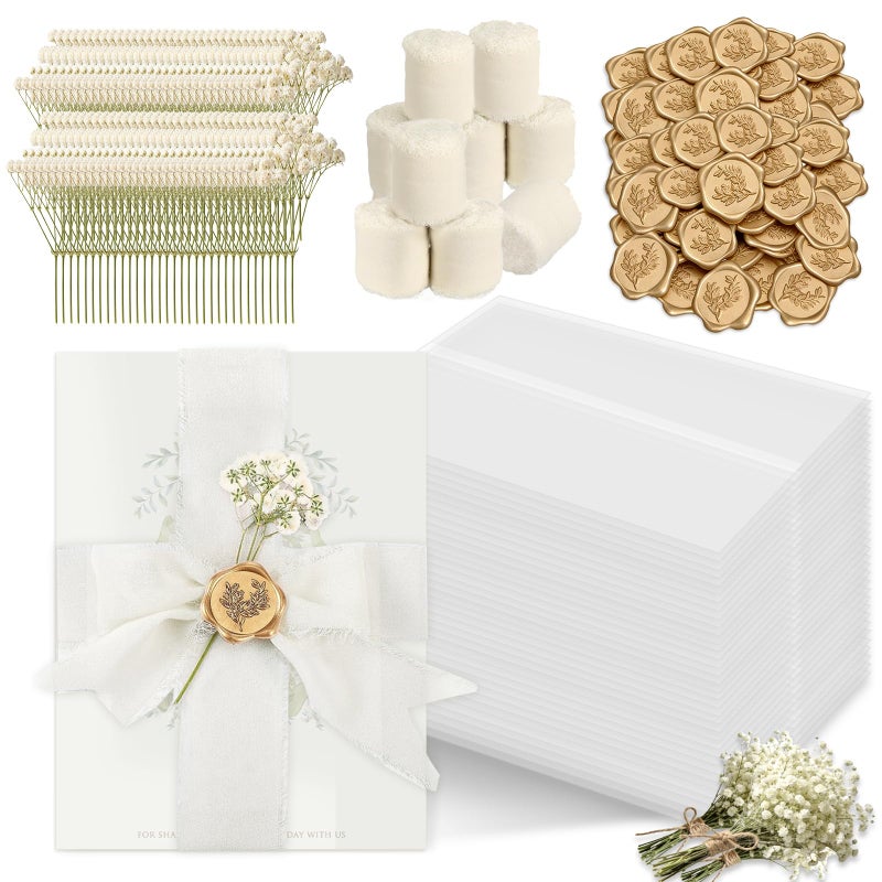Dadoudou Wedding Invitation Accessories Kit, Pre-Folded Vellum Jackets for 5Ã—7 Invitations with Wax Seal Stickers, Ribbon & Dried Flowers, Elegant Wedding Invitation Accessories for DIY Bridal Invites (Off-White, 100) - Image 1