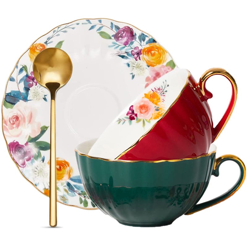 ONEUSTAR Tea Cups and Saucers Set of 2 Bone China Floral English Teacup with Spoon Coffee Cups Cappuccino Espresso Latte Mug for Christmas Gift 8 Oz