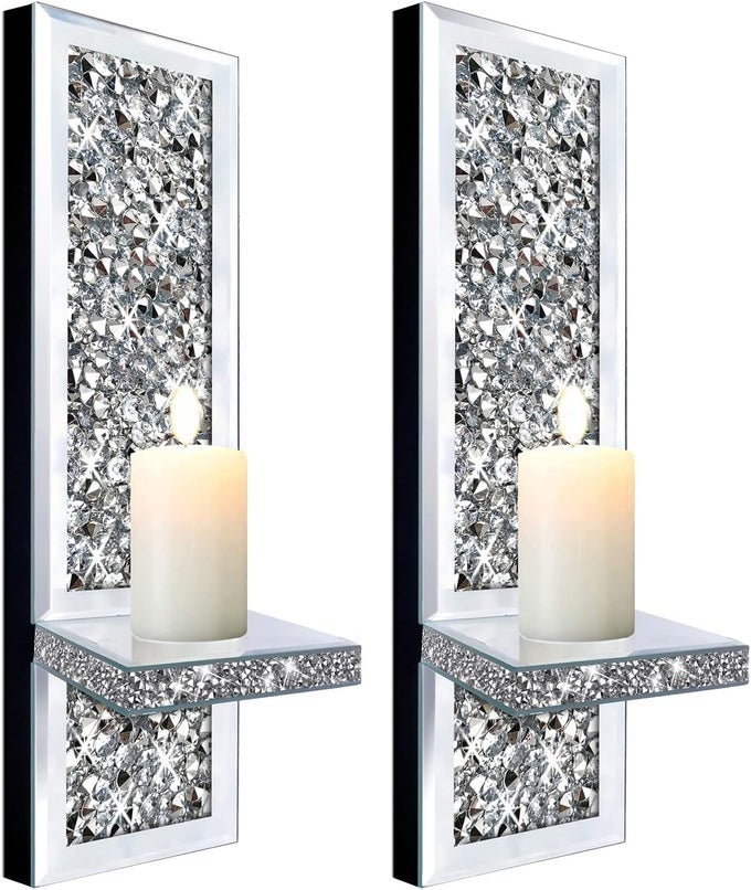 SET OF 2 CRYSTAL CRUSH DIAMOND CANDLE SCONCES GORGEOUS SILVER MIRRORED WALL SCONCE CANDLE HOLDER GLASS WALL DECORATIONS FOR HOME DCOR LIVING ROOM DINING ROOM