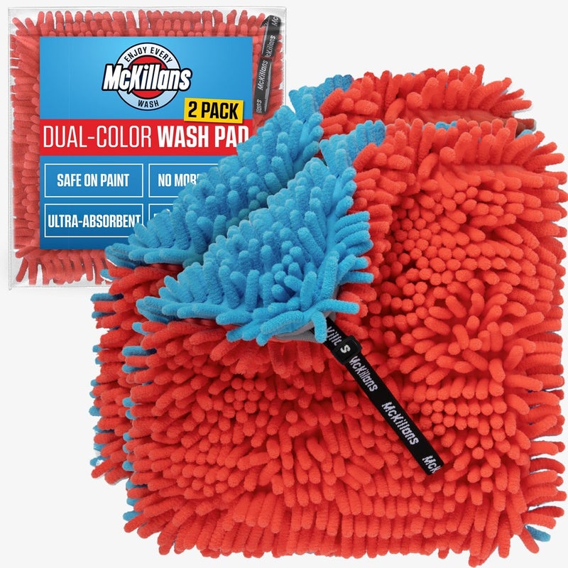 McKillansÂ® Dual-Color Car Wash Pad - Pack of 2 - Scratch Free -10"x10" - Wrist Strap - Soft Chenille Microfiber Car Wash Sponge - Car Washing Washpad- Detailing, Car Cleaning Wash Rag (Pack of 2) - Image 1