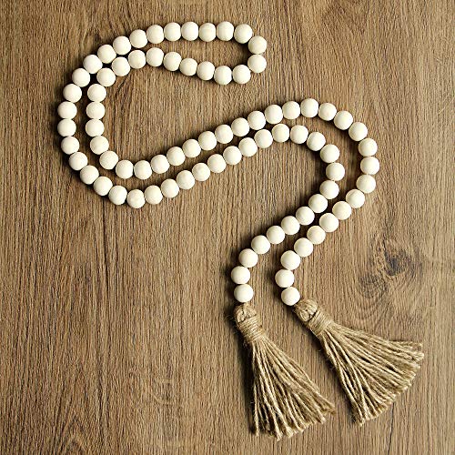 RAMIRABI 58in Wood Bead Garland with Tassels, Farmhouse Rustic Country Decor Prayer Boho Wall Hanging Decoration (Nature) - Image 3