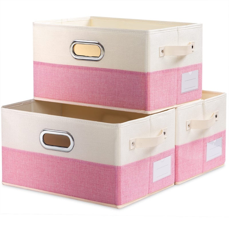 PRANDOM Large Collapsible Storage Baskets for Closet 3Pack Decorative Fabric Storage Bins Cubes with LeatherMetal Handles for Shelves Bedroom Living Room PinkCream 149x98x83 Inch