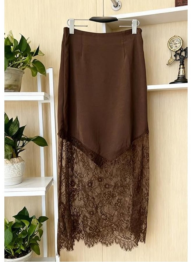 Pinclodly Satin Skirts for Women High Waist Lace Skirts Y2K Elegant Lace Patchwork Skirt Solid Silk Wrap Maxi Skirts 2026, Brown Satin Skirt, M - Image 4