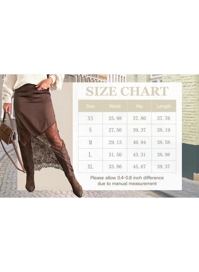 Pinclodly Satin Skirts for Women High Waist Lace Skirts Y2K Elegant Lace Patchwork Skirt Solid Silk Wrap Maxi Skirts 2026, Brown Satin Skirt, M - Image 5