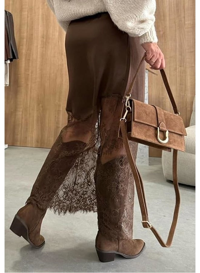 Pinclodly Satin Skirts for Women High Waist Lace Skirts Y2K Elegant Lace Patchwork Skirt Solid Silk Wrap Maxi Skirts 2026, Brown Satin Skirt, M - Image 3