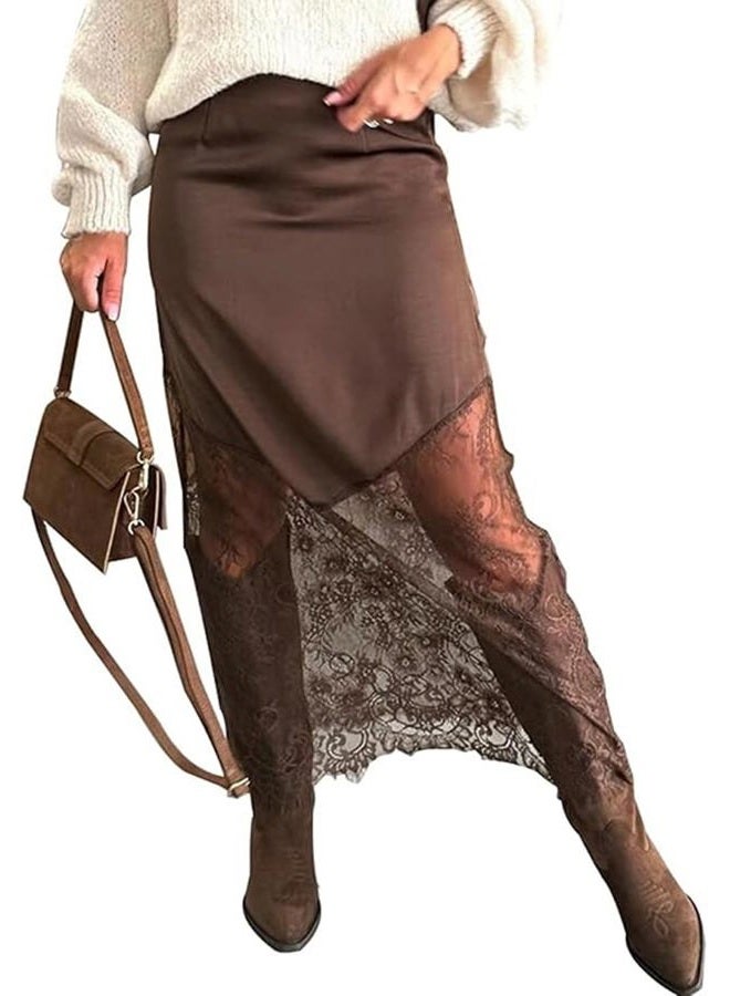 Pinclodly Satin Skirts for Women High Waist Lace Skirts Y2K Elegant Lace Patchwork Skirt Solid Silk Wrap Maxi Skirts 2026, Brown Satin Skirt, M - Image 1
