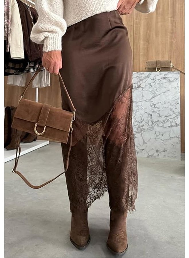 Pinclodly Satin Skirts for Women High Waist Lace Skirts Y2K Elegant Lace Patchwork Skirt Solid Silk Wrap Maxi Skirts 2026, Brown Satin Skirt, M - Image 2