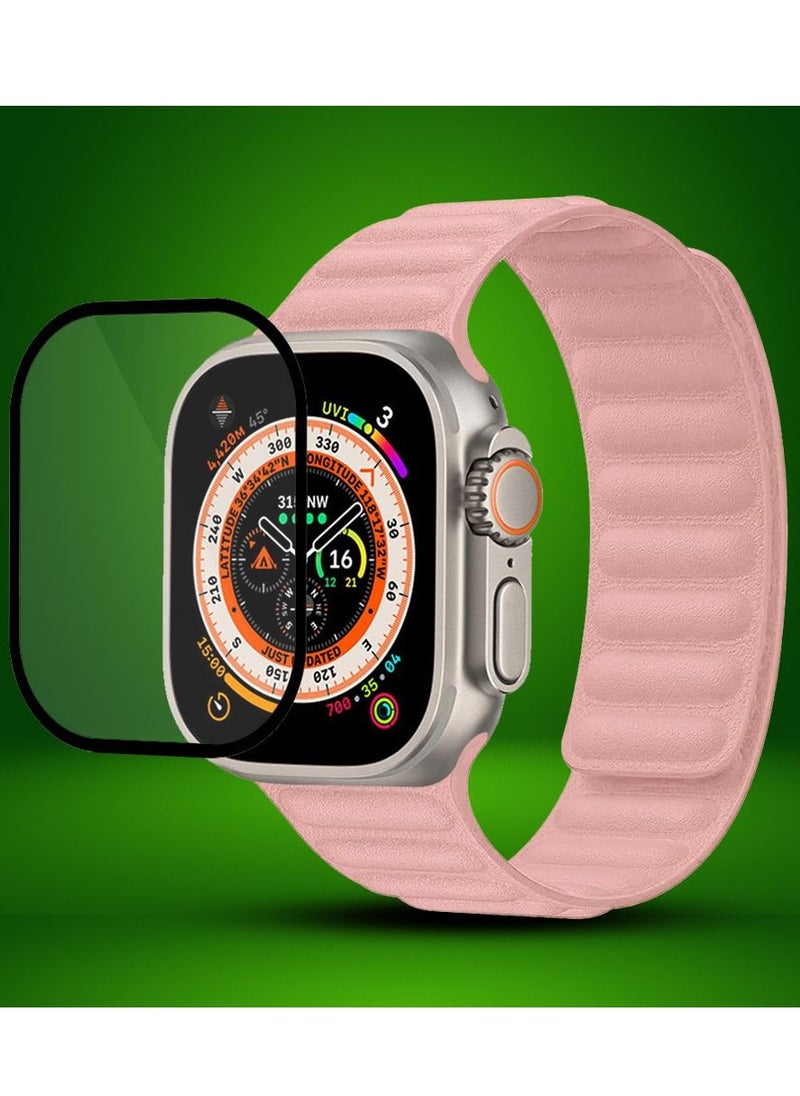 CATANES 2 Packs For Apple Watch Band 49mm Leather Link Strap Magnetic Loop Bracelet and 3D Screen Protector Light Pink  - Image 2