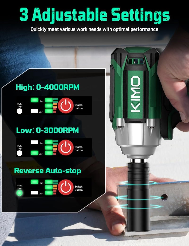 KIMO Impact Wrench 1/2 Cordless, 1200N.m (900ft-lbs), 4000RPM, 9-Piece Drill & Driver Set, 4 Sockets Impact Drill for Car Tires, Safety Lock, Variable Modes, 4000mAh Battery Power Smart Impact Wrench - Image 4