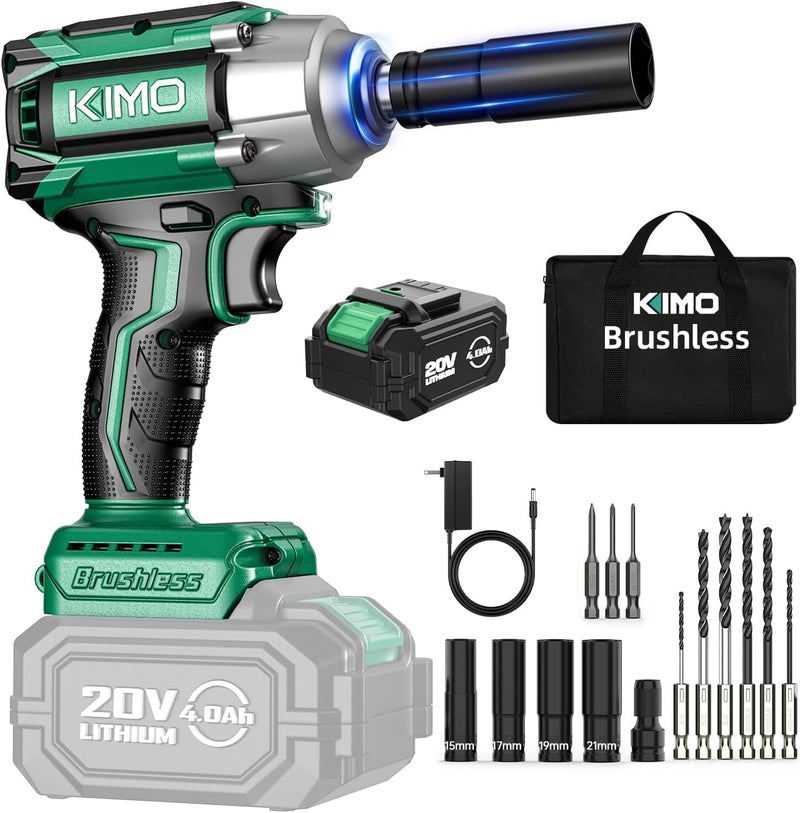 KIMO Impact Wrench 1/2 Cordless, 1200N.m (900ft-lbs), 4000RPM, 9-Piece Drill & Driver Set, 4 Sockets Impact Drill for Car Tires, Safety Lock, Variable Modes, 4000mAh Battery Power Smart Impact Wrench - Image 1