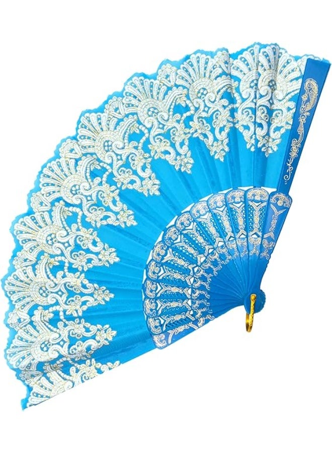 مروحة يدوية قابلة للطي بتطريز جولد فاخر – أزرق سماوي - Image 1