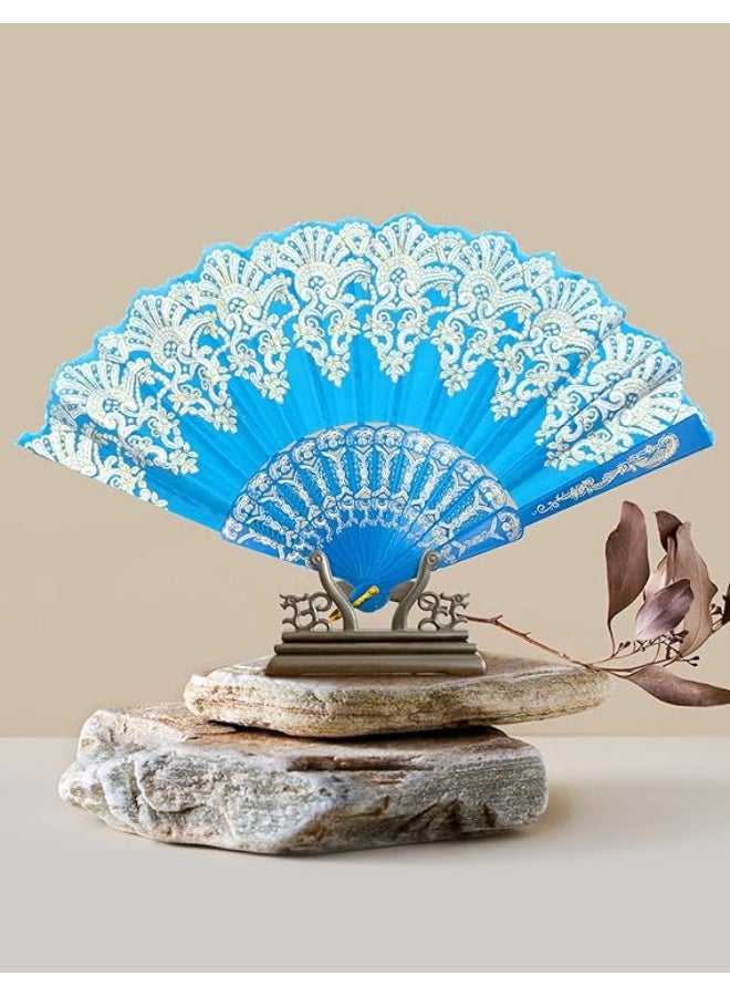 مروحة يدوية قابلة للطي بتطريز جولد فاخر – أزرق سماوي - Image 4