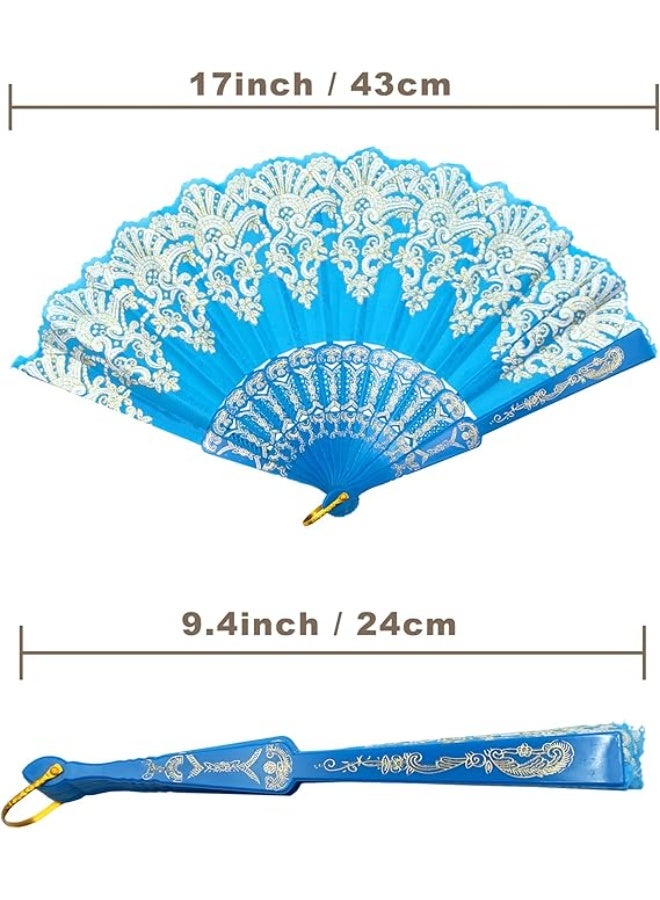 مروحة يدوية قابلة للطي بتطريز جولد فاخر – أزرق سماوي - Image 3