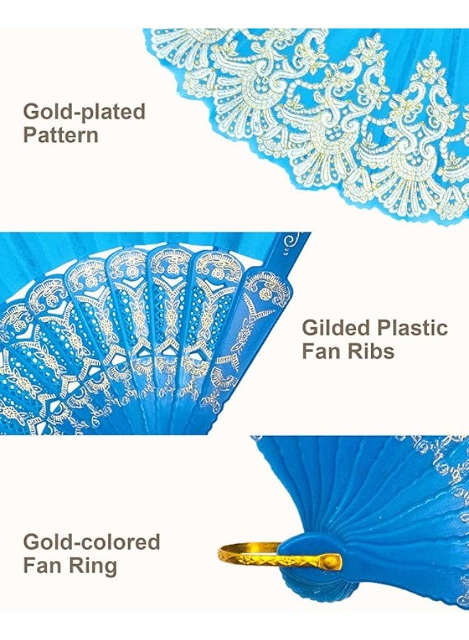 مروحة يدوية قابلة للطي بتطريز جولد فاخر – أزرق سماوي - Image 2