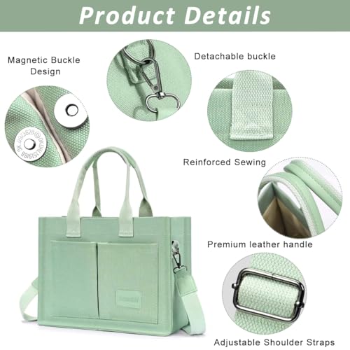 PALAY® Casual Tote Bag for Women Multi Pockets Canvas Hand Bag with Removable Shoulder Strap Crossbody Tote Chic Mint Green Canvas Day for Commuting - Image 3