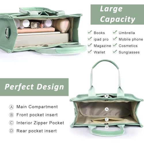 PALAY® Casual Tote Bag for Women Multi Pockets Canvas Hand Bag with Removable Shoulder Strap Crossbody Tote Chic Mint Green Canvas Day for Commuting - Image 4