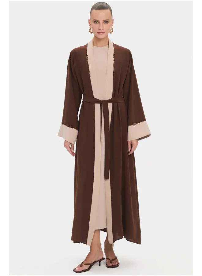 جون June Women Crew Neck Color Blocked Waist Tie Detailed Abaya Brown