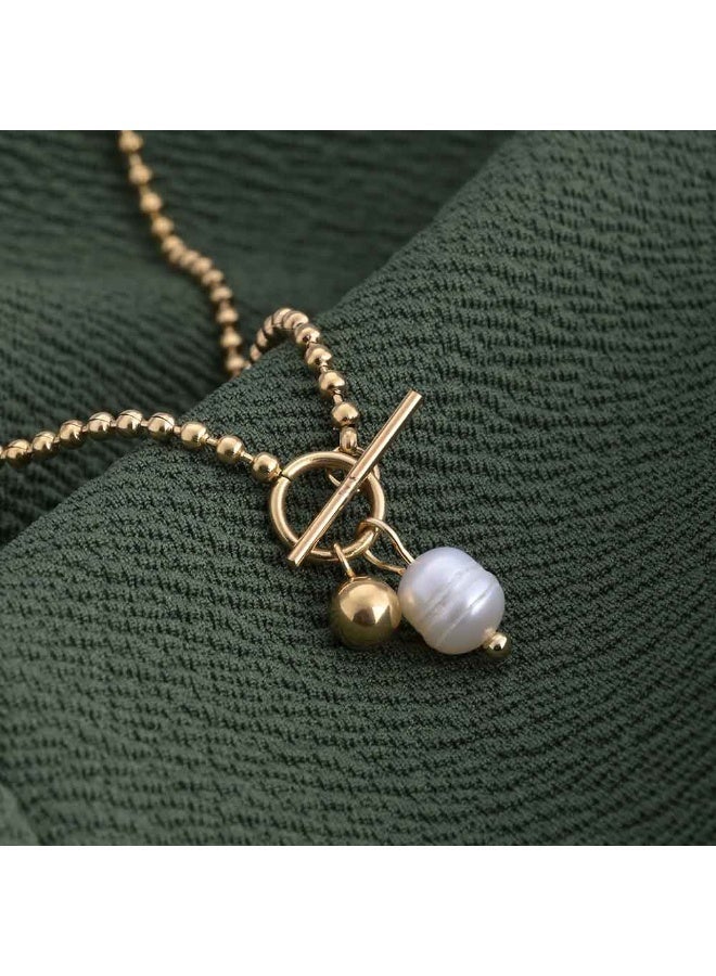 PALMONAS 18k Gold Tone Plated Dainty Beaded Pearl Chain
 for Women - Image 2